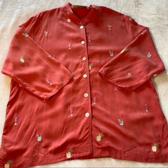 Vintage Bobby Chan Women's Pink Tropical Drink Embroidery Silk Top Size Large - Picture 5 of 16